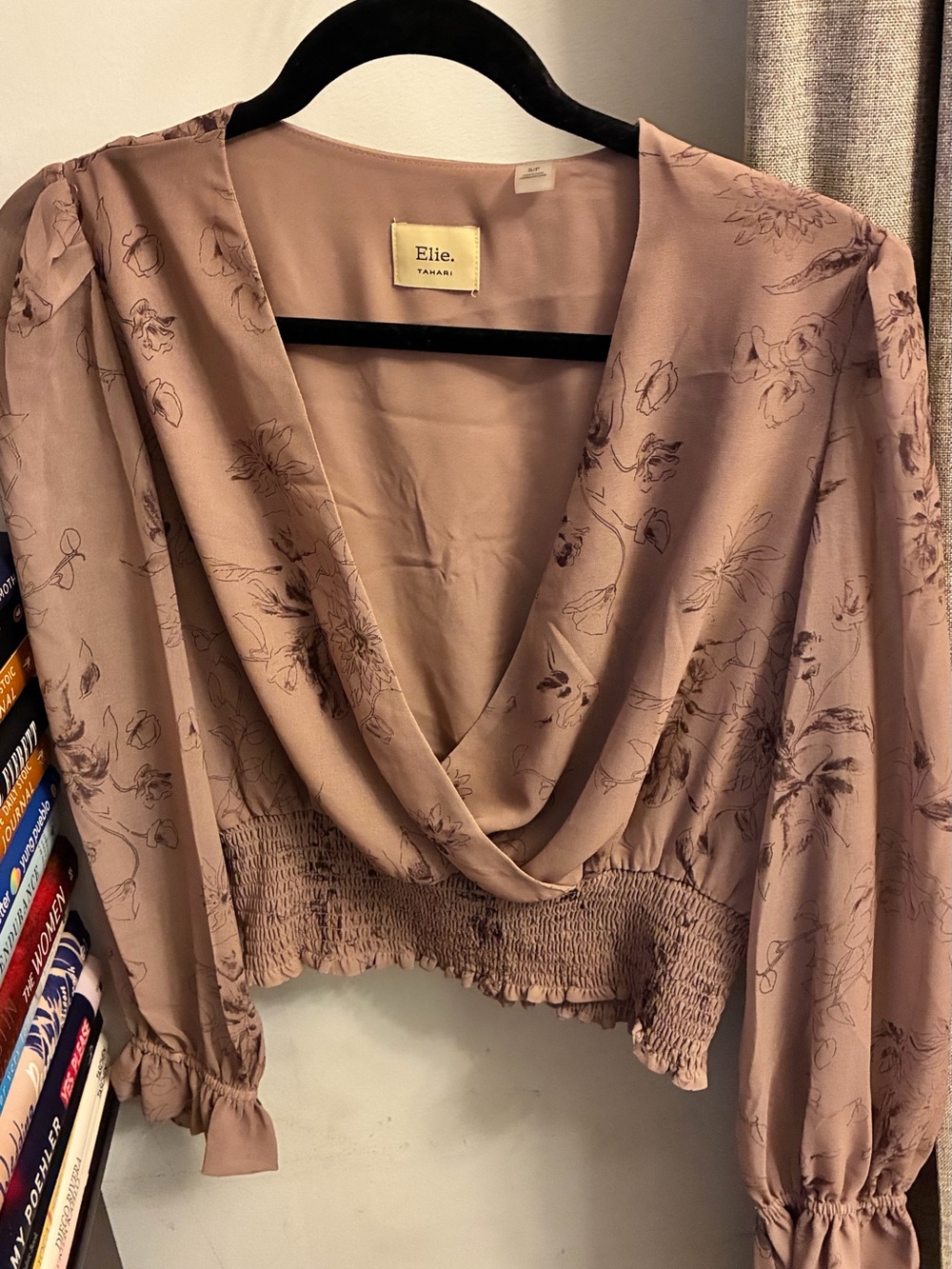 Tahari Dusty Rose Floral V-Neck Draped Blouse